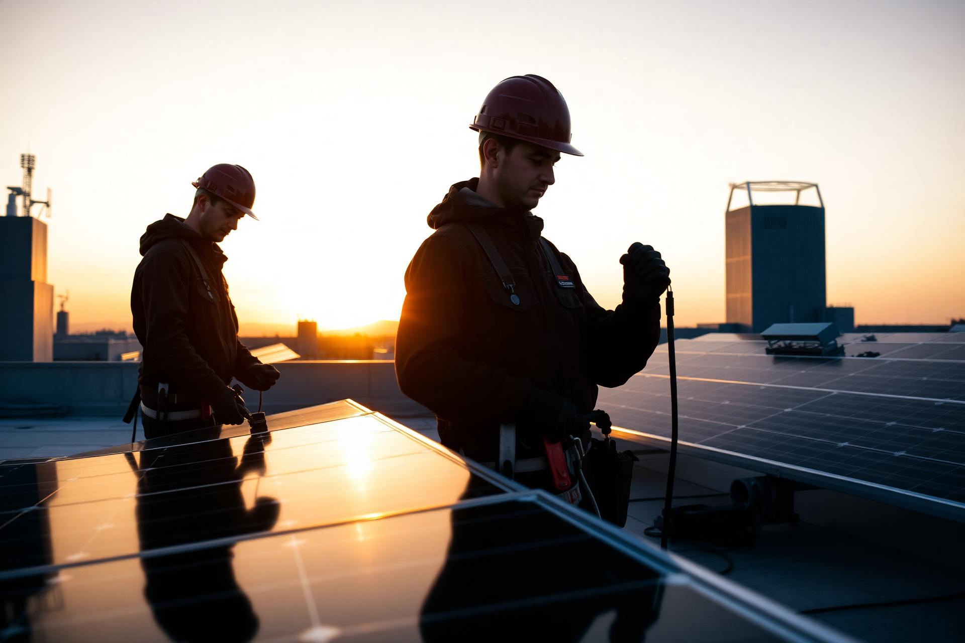 Zwei Elektroinstallateure montieren eine Photovoltaikanlage auf einem Industriedach im Abendlicht.
